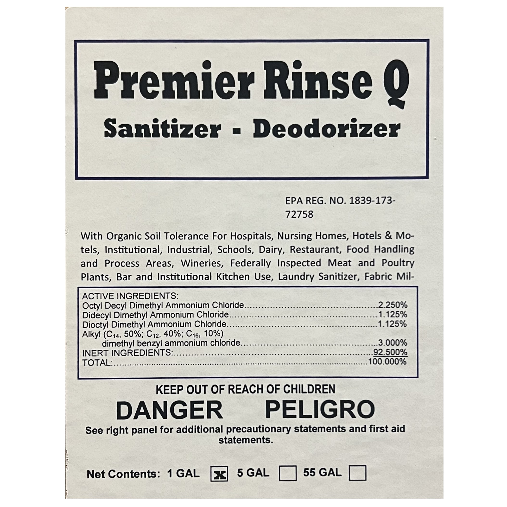 1GL Premier Rinse Q 
Disinfectant / Sanitizer